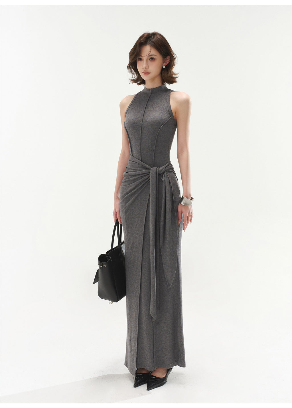 Premium Grey Sleeveless Belted Dress