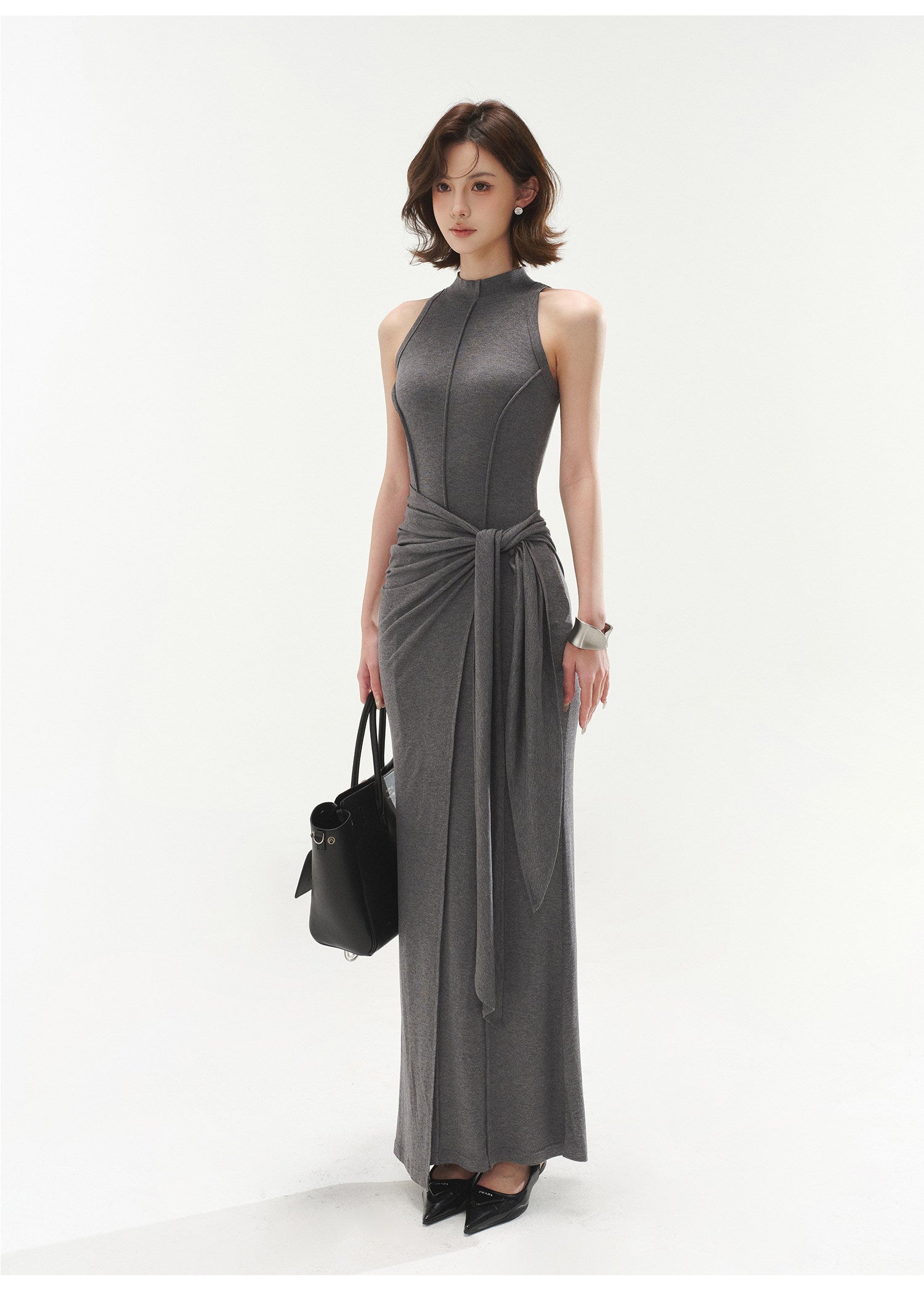 Premium Grey Sleeveless Belted Dress