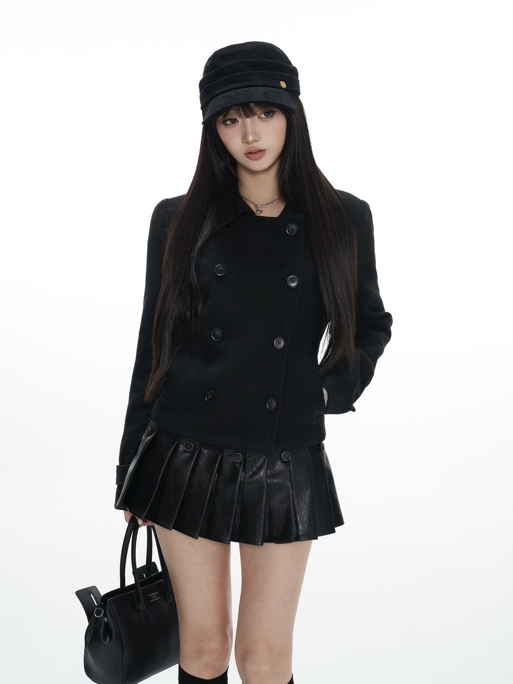Square Shoulder Black Wool Blend Coat