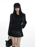 Square Shoulder Black Wool Blend Coat