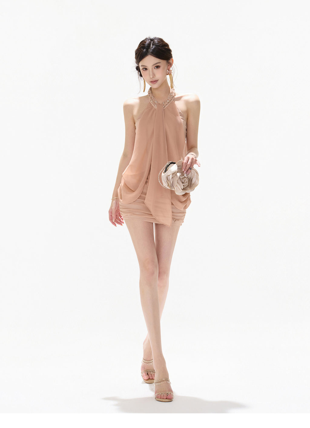 Mesh Chiffon Halter Neck Dress