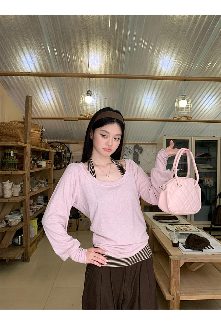 Pink Off-Shoulder Blouse Long Sleeve T-Shirt + Vest Two-Piece Set for Women