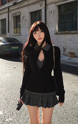 Black Top & Grey Plaid Mini Skirt Two-Piece Set