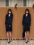 Women’s Black V-Neck Blouse and Lace Bodycon Skirt Set