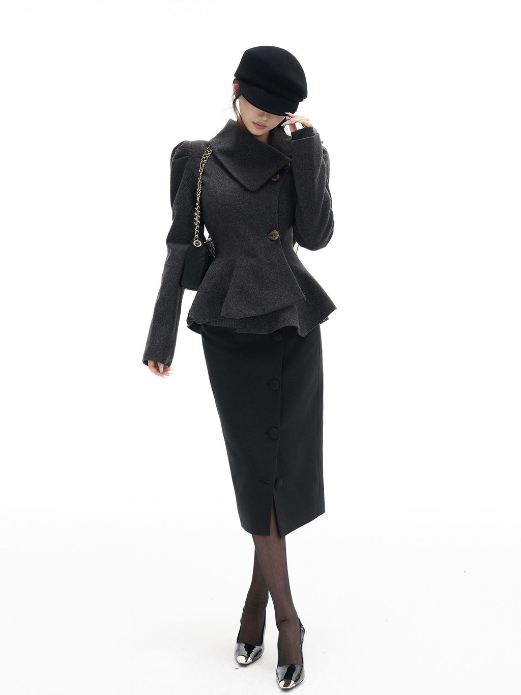Gray belted short coat with a skirt