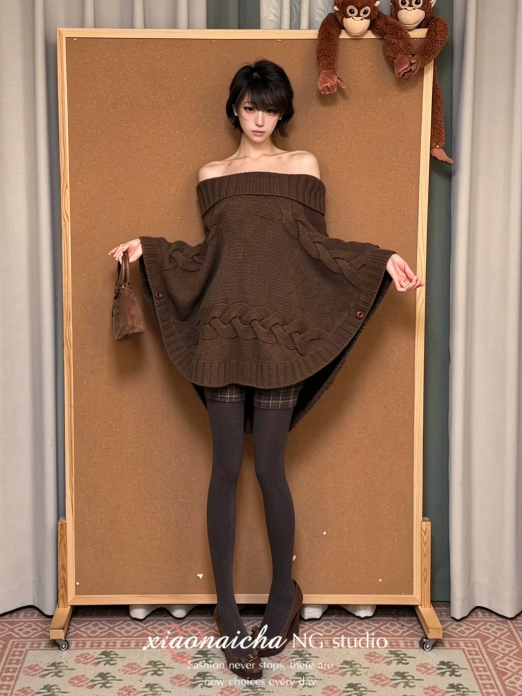 Women's Turtleneck Cable-Knit Cape Sweater with Batwing Sleeves
