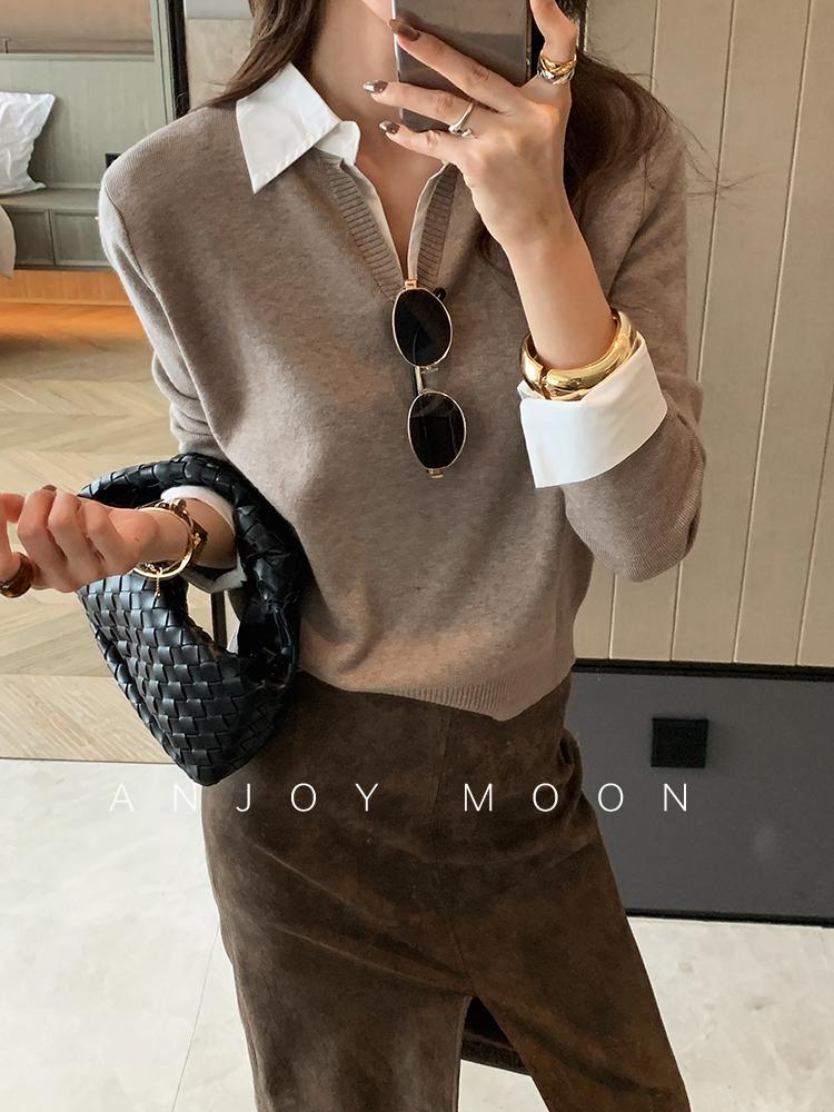 Korean-Style Mock Two-Piece Collared Knit Top for Women