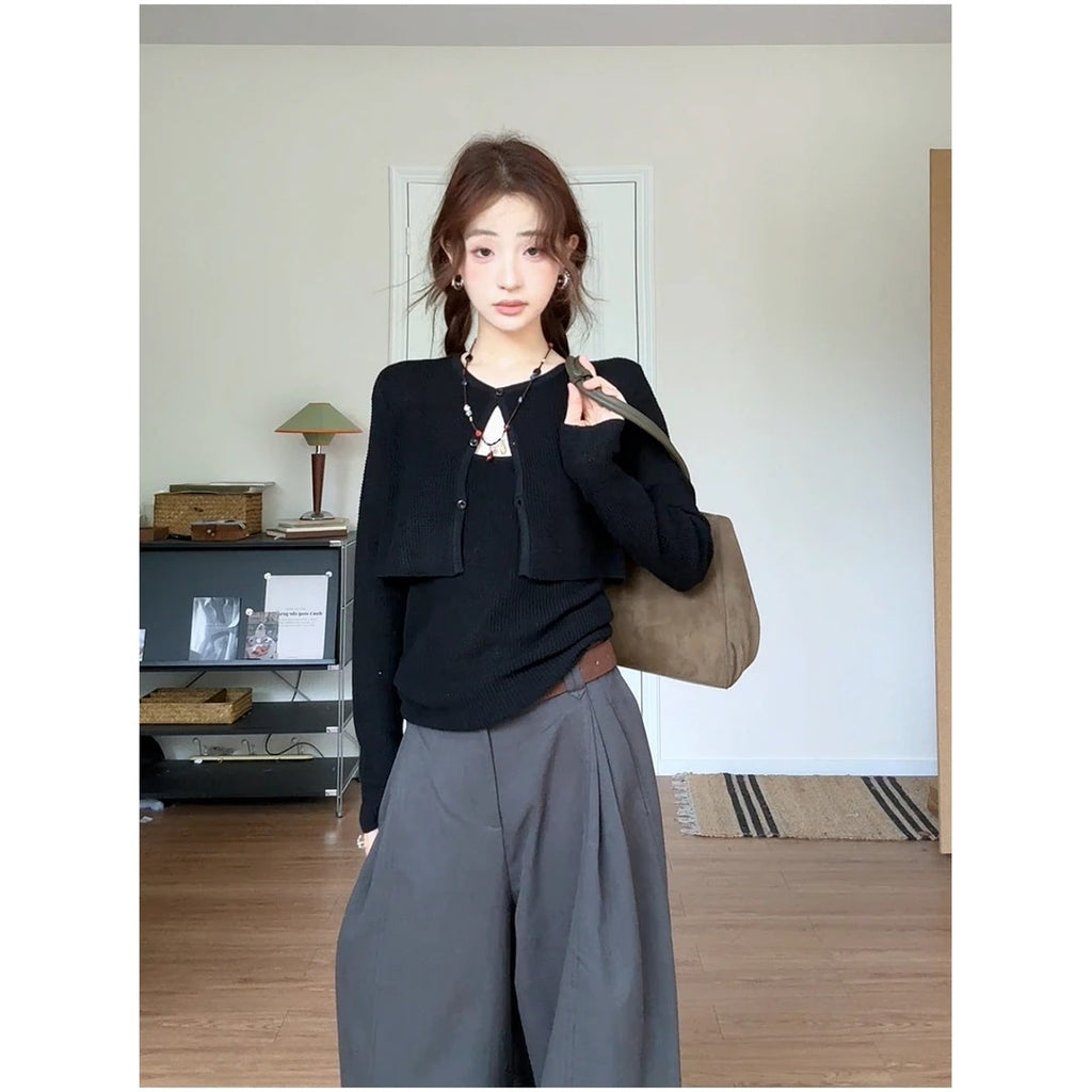 Women's Waffle-Knit Cardigan & Camisole Set, Fall Two-Piece Outfit