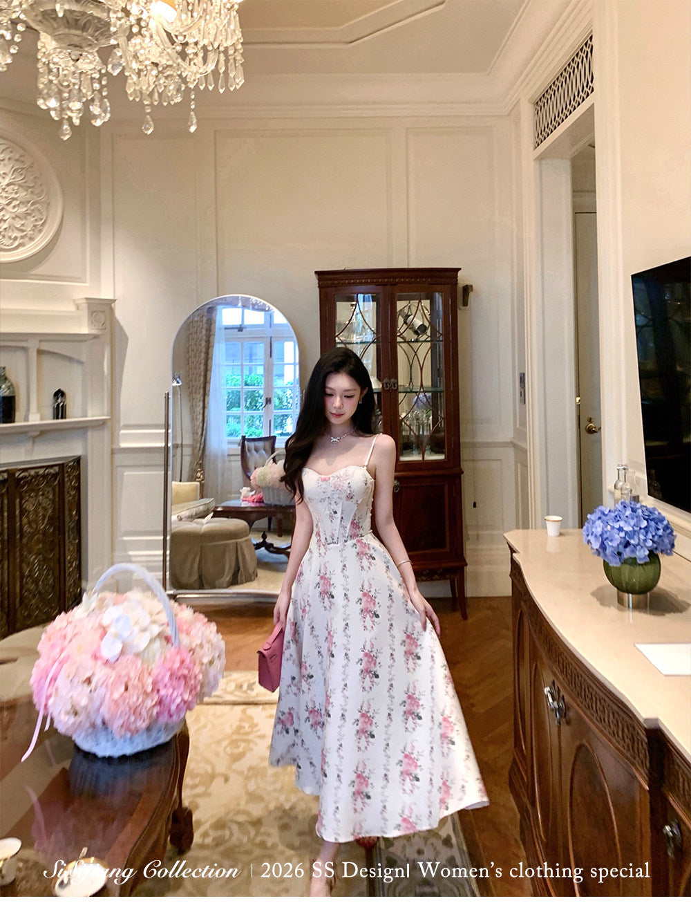 Women’s Floral Spaghetti Strap Dress with Boned Corset Waist