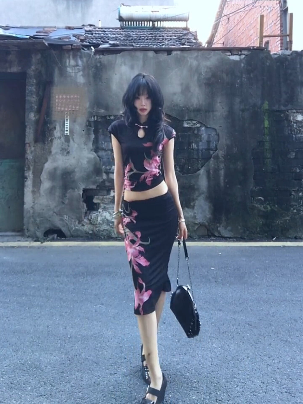 Slim Fit Qipao Top & Skirt 2-Piece Set