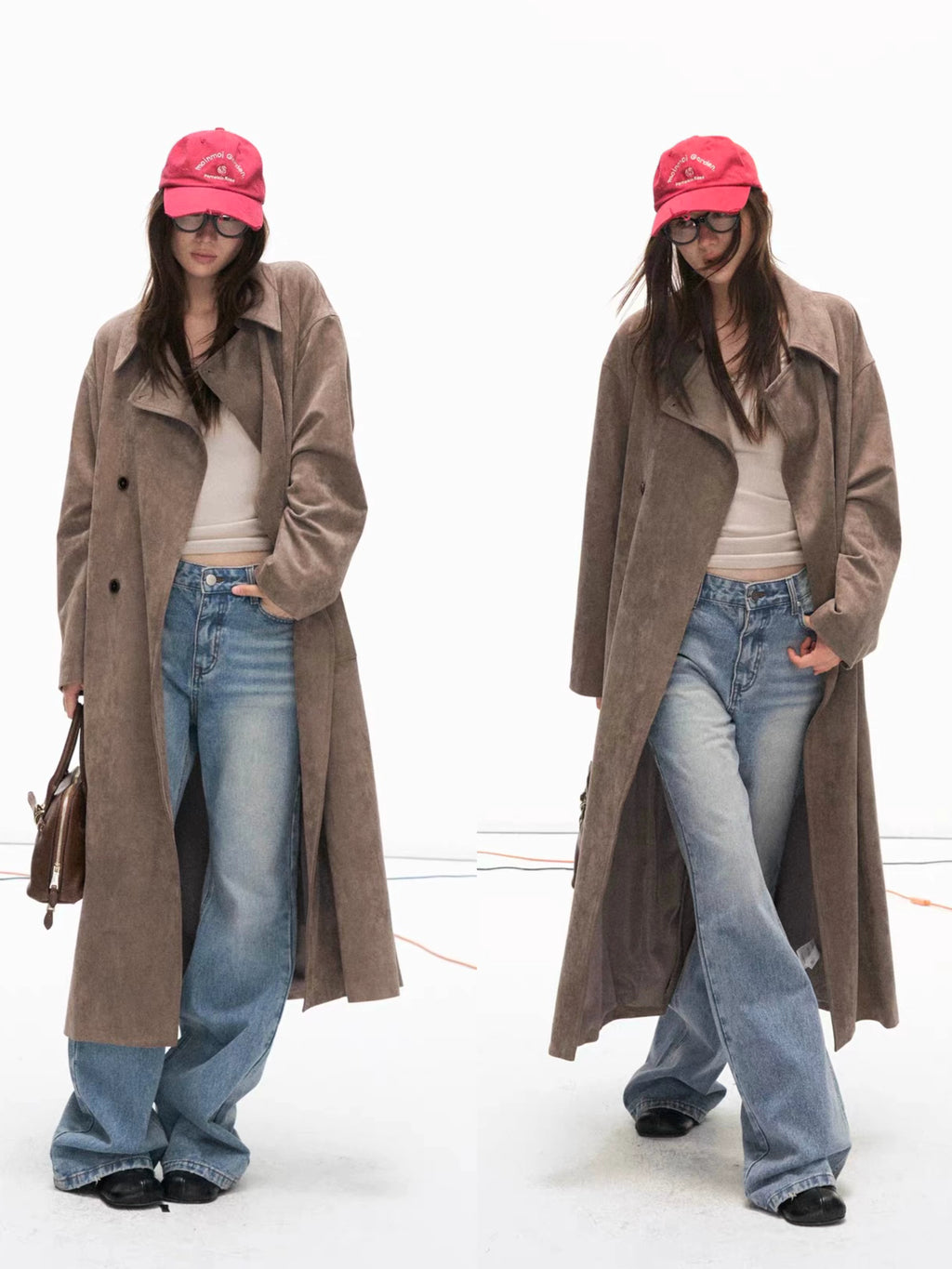 Suede-Effect Belted Double-Breasted Long Trench Coat