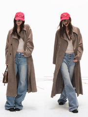Suede-Effect Belted Double-Breasted Long Trench Coat