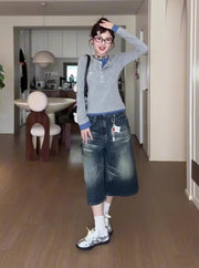 Women's 3/4 Length Wide-Leg Denim Shorts