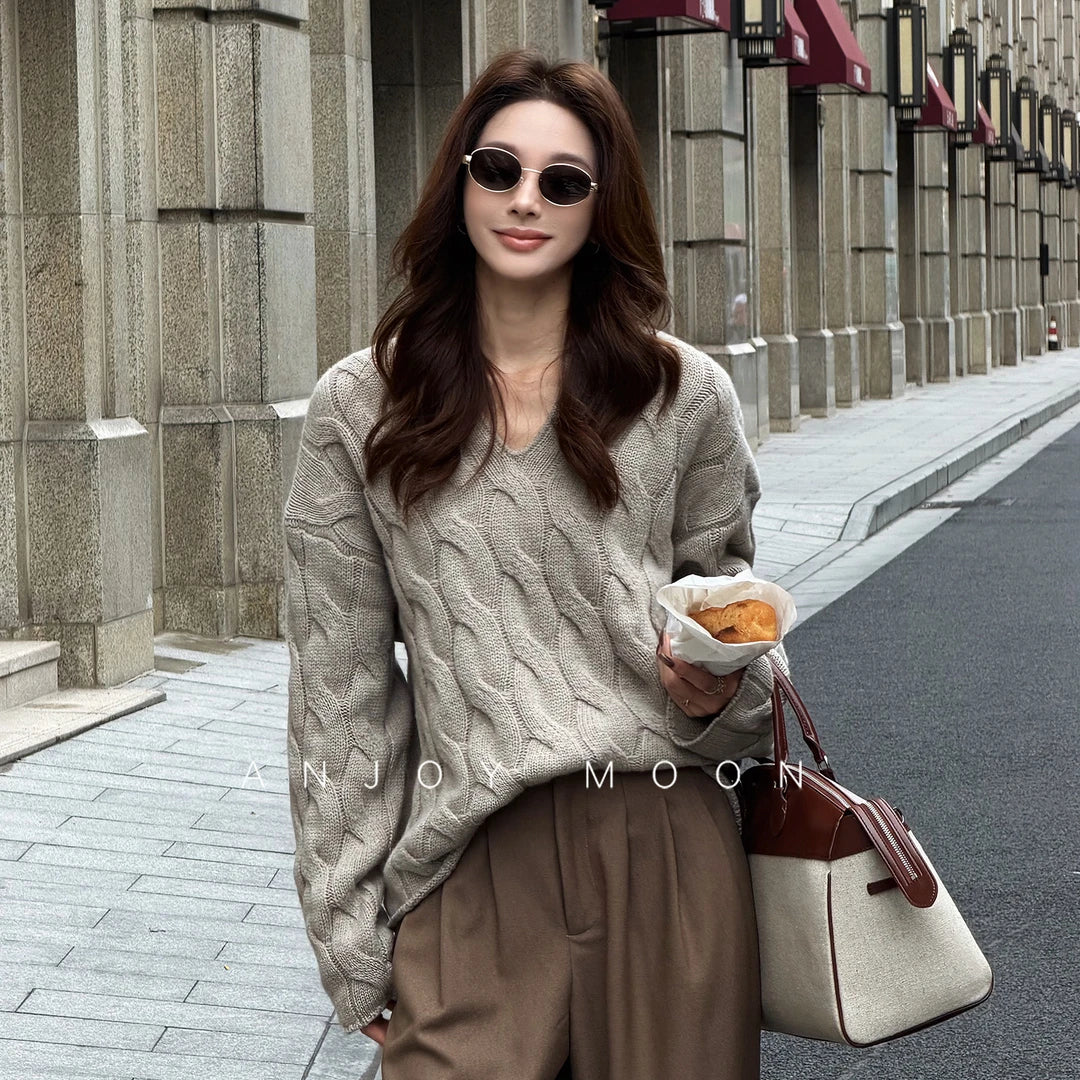 Unisex Cable-Knit V-Neck Sweater