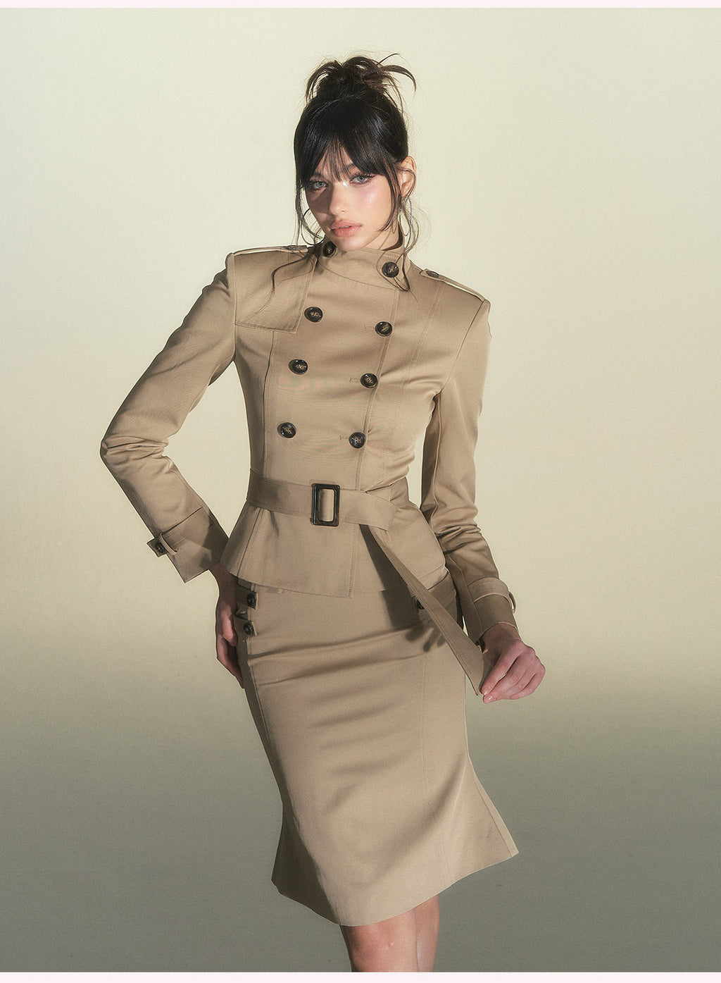 Square-Shoulder Double-Breasted Belted Trench Coat & Bodycon Fishtail Midi Skirt Set
