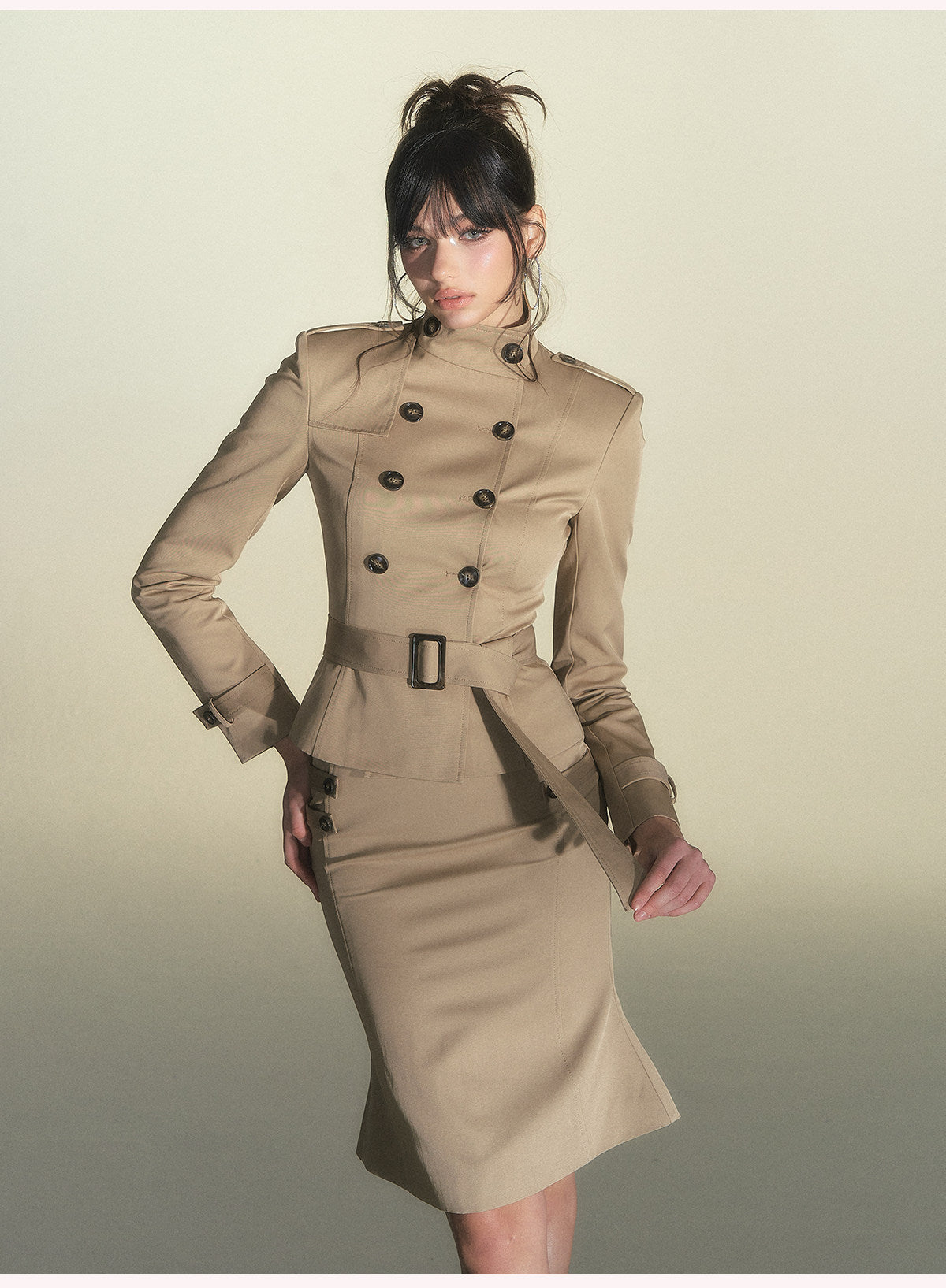 Square-Shoulder Double-Breasted Belted Trench Coat & Bodycon Fishtail Midi Skirt Set