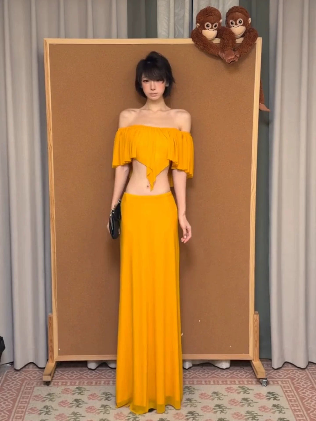 Yellow Asymmetric Top & Bodycon Maxi Skirt Set