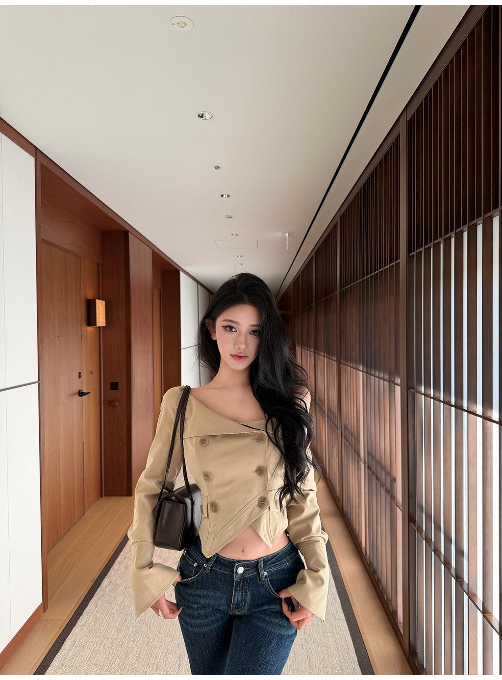 Cropped Double-Breasted Jacket & Straight Skirt Set with Wide Belt
