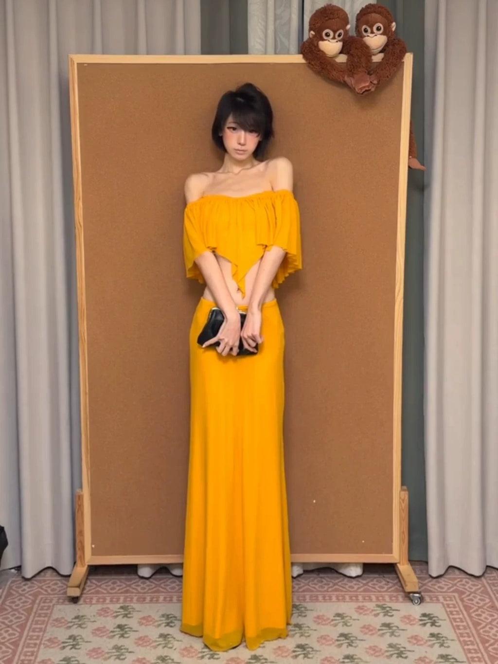 Yellow Asymmetric Top & Bodycon Maxi Skirt Set