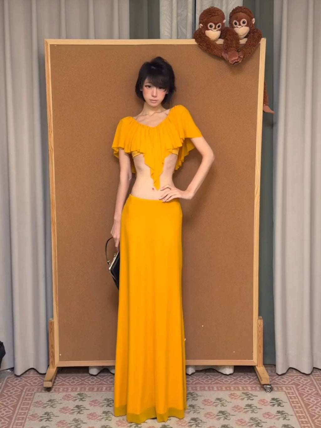 Yellow Asymmetric Top & Bodycon Maxi Skirt Set