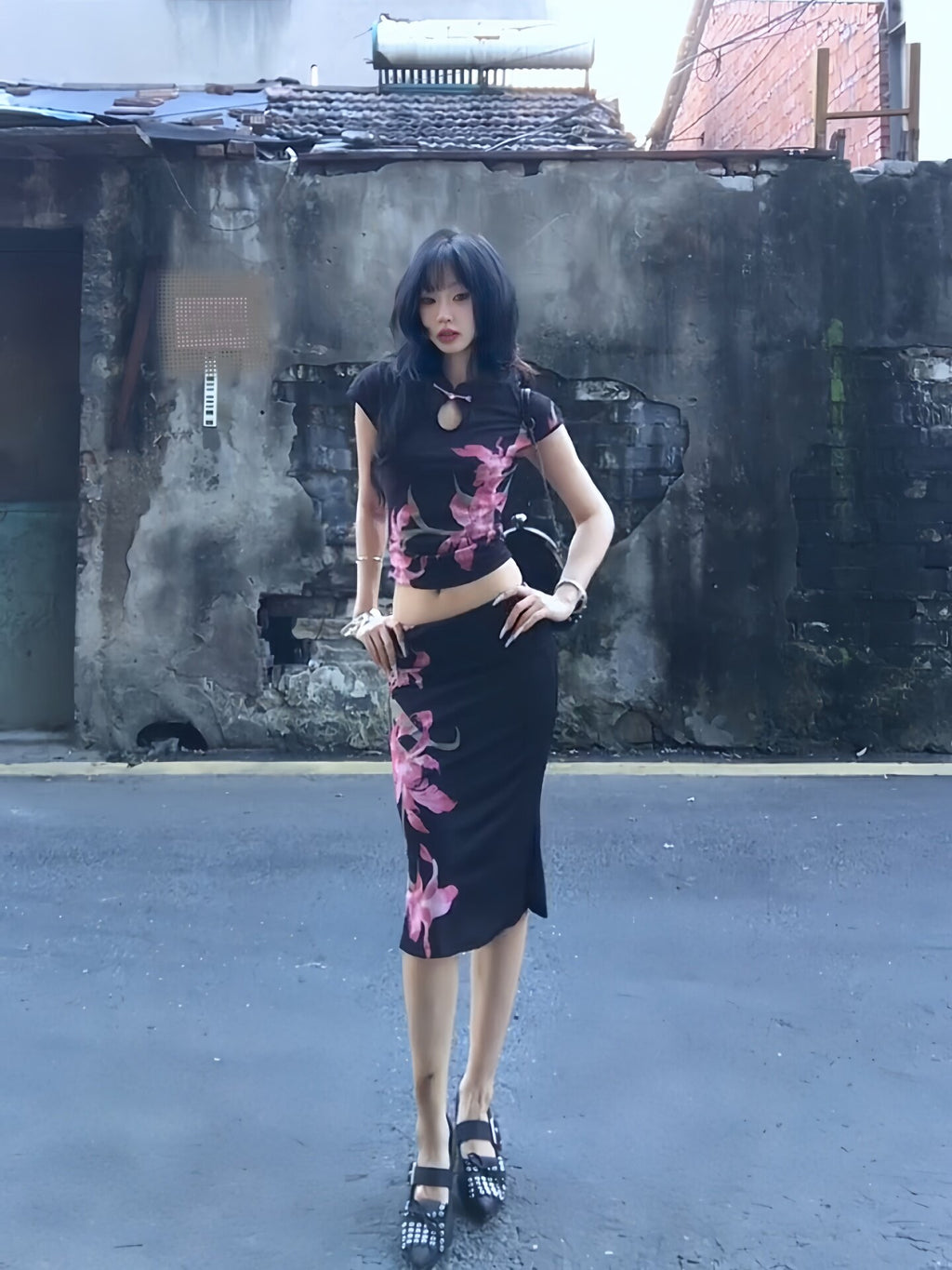 Slim Fit Qipao Top & Skirt 2-Piece Set