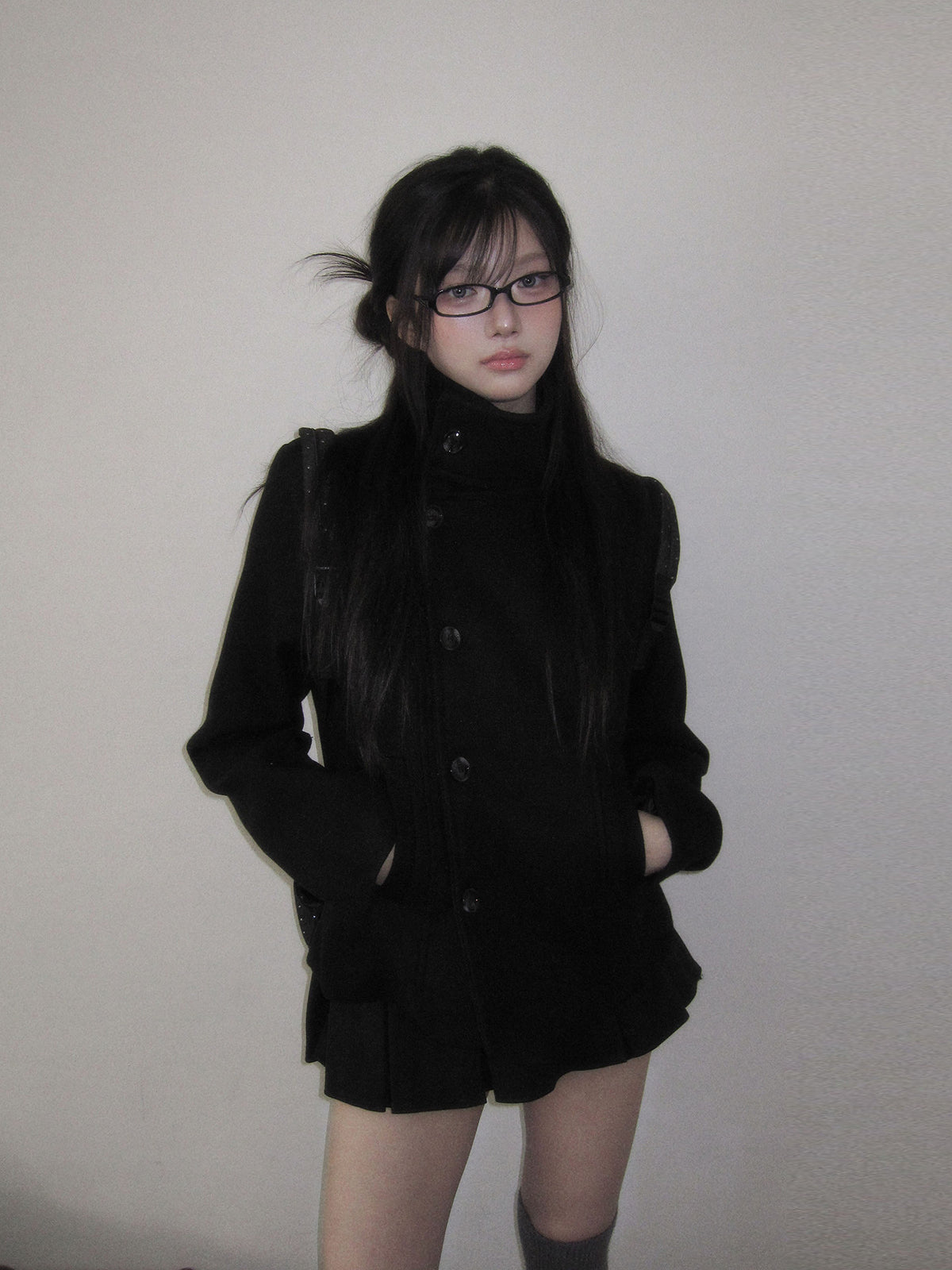 Stand-Collar Wool-Blend Coat & Skirt Set with Detachable Belt