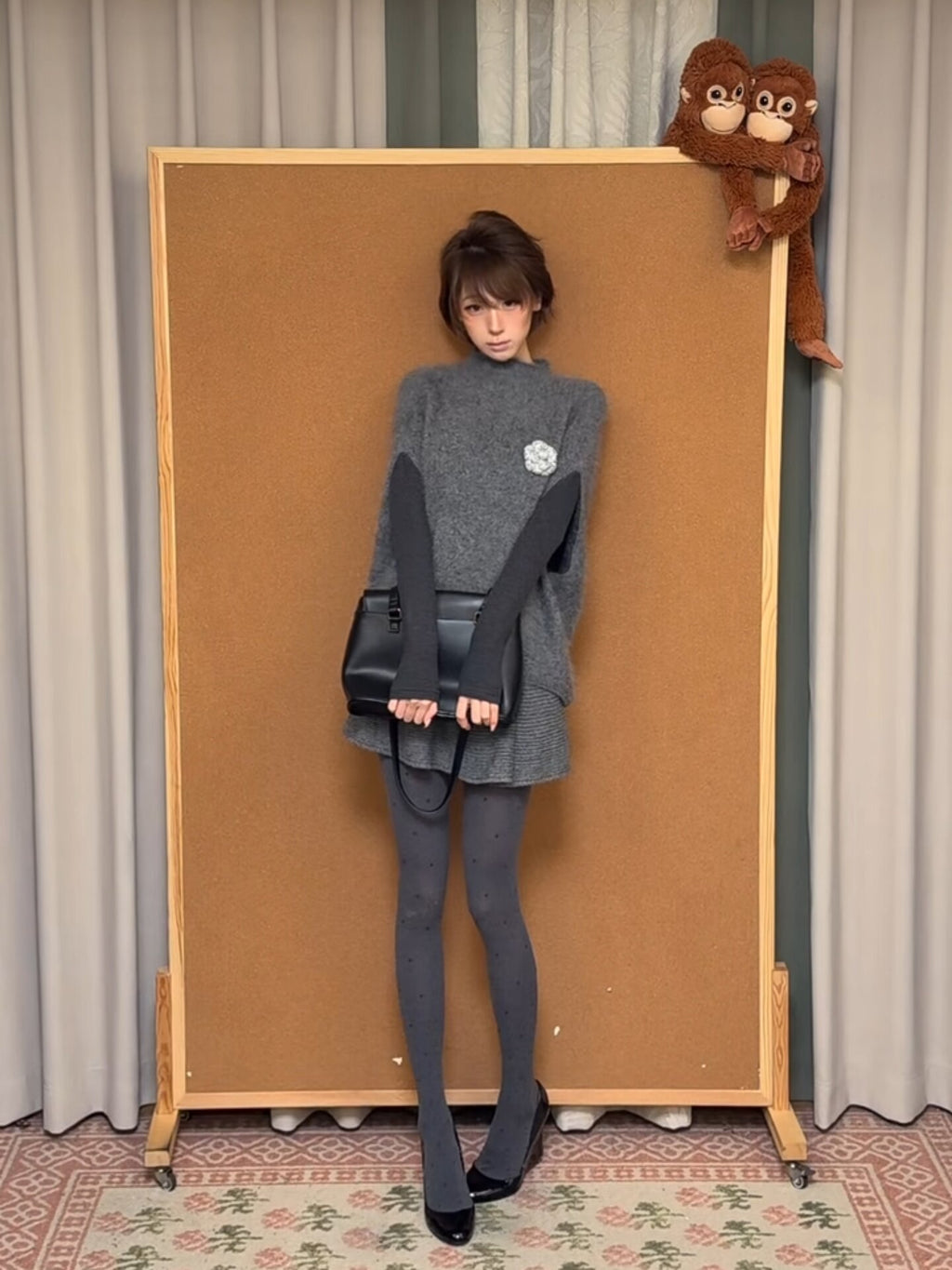 Grey Knit Cape Coat Inner Top & Skirt Three-Piece Set