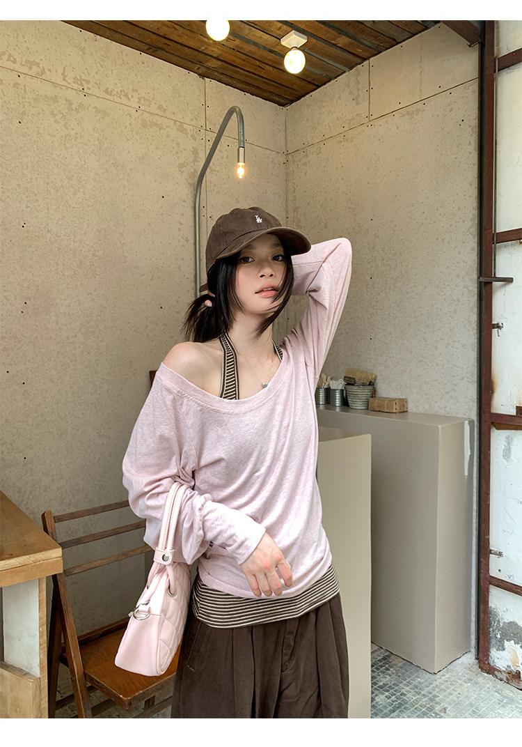 Pink Off-Shoulder Blouse Long Sleeve T-Shirt + Vest Two-Piece Set for Women