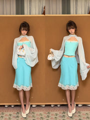 Women’s Blue Cape, Camisole, and Bodycon Skirt 3-Piece Set