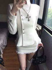 Elegant Fitted Jacket+ Low Rise Fringe Skirt Set for Women