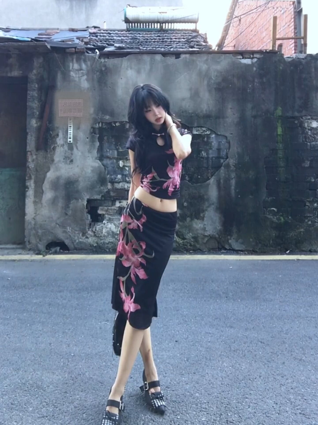 Slim Fit Qipao Top & Skirt 2-Piece Set