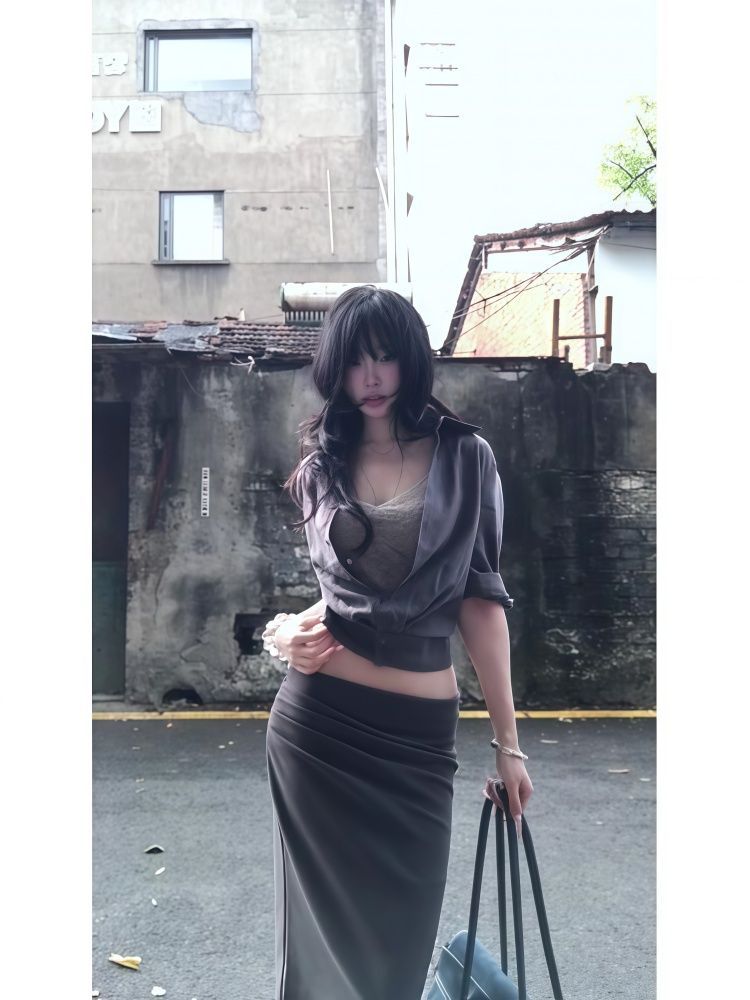 Premium Grey Mid-Sleeve Cropped Shirt + Lace Camisole + Shirt Midi Skirt