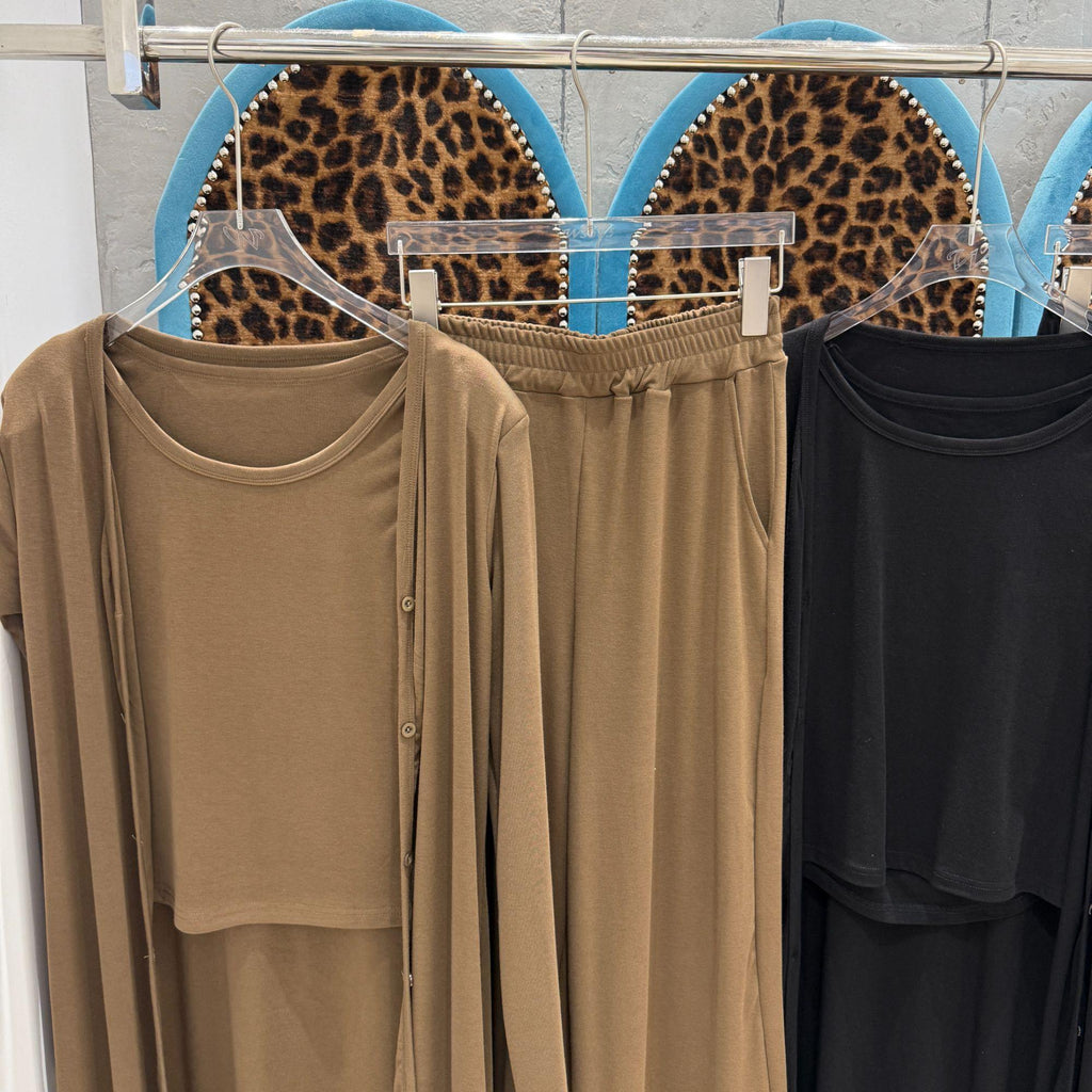 Women's Minimalist Solid Three-Piece Set with Longline Cardigan, Tank Top & Straight-Leg Pants
