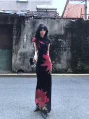 Printed slim-fit cheongsam long dress