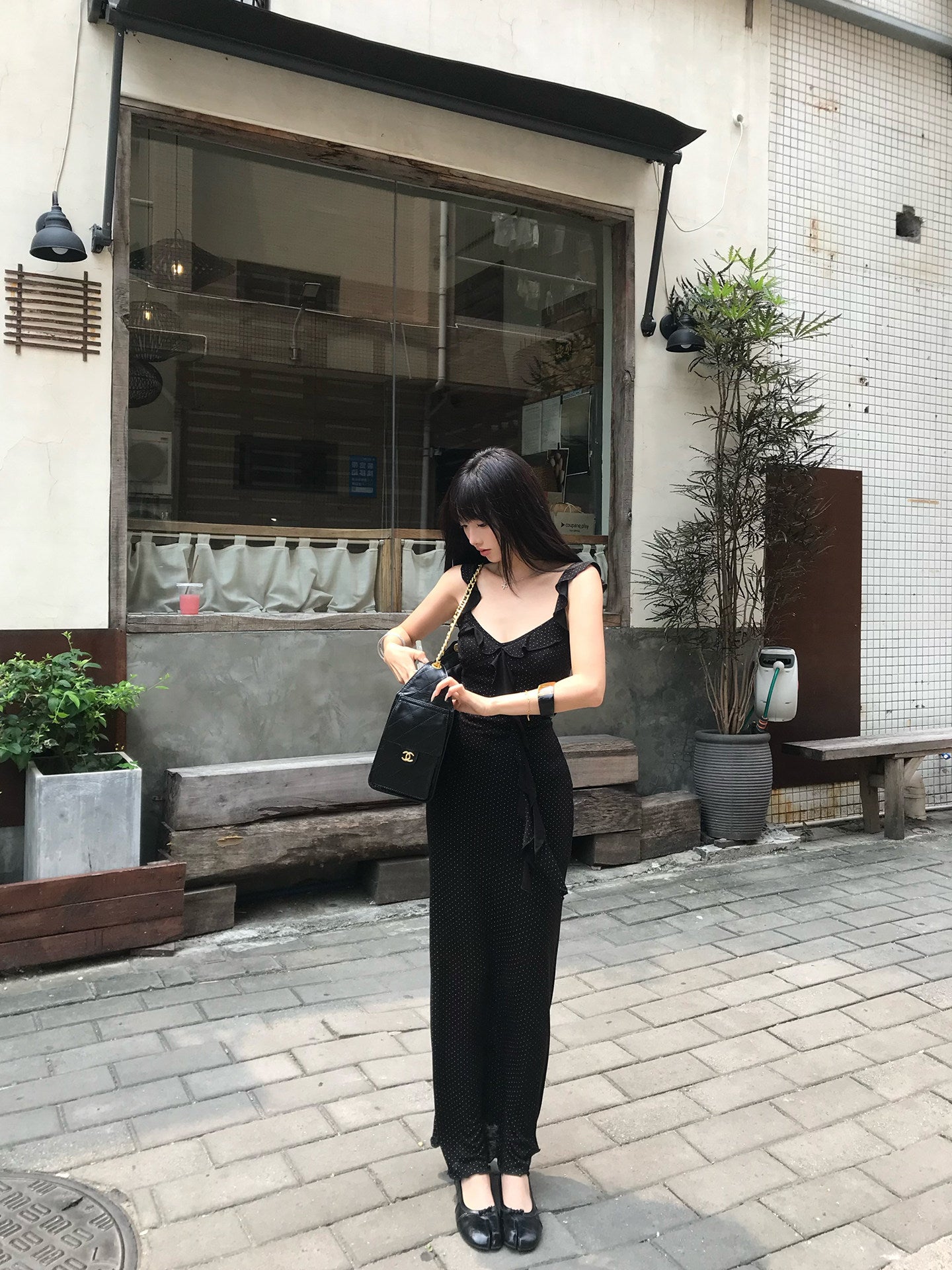 Black flutter sleeve cami dress