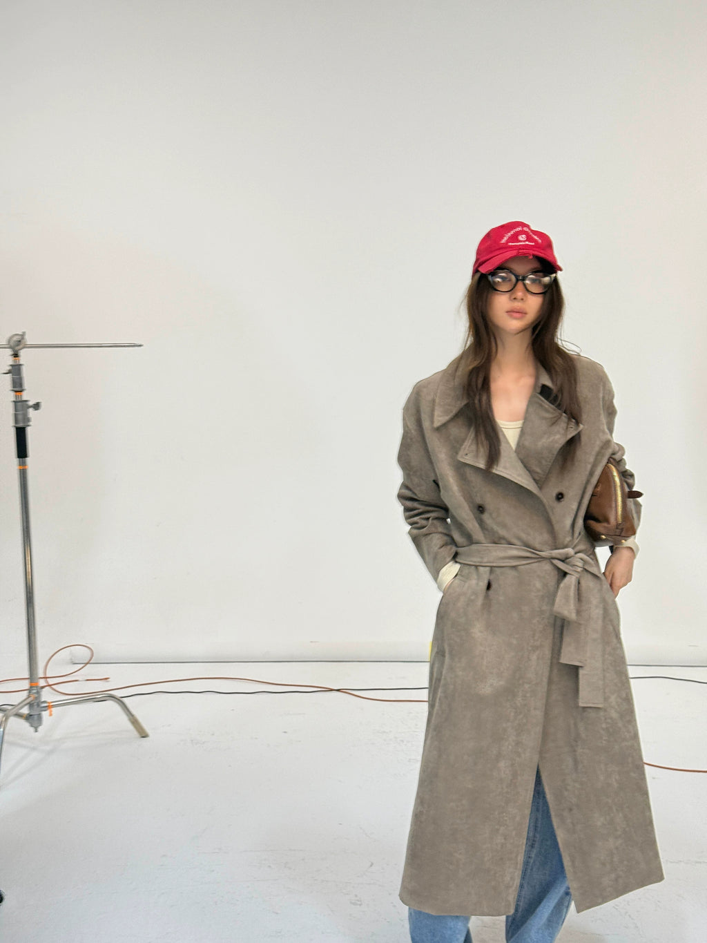 Suede-Effect Belted Double-Breasted Long Trench Coat