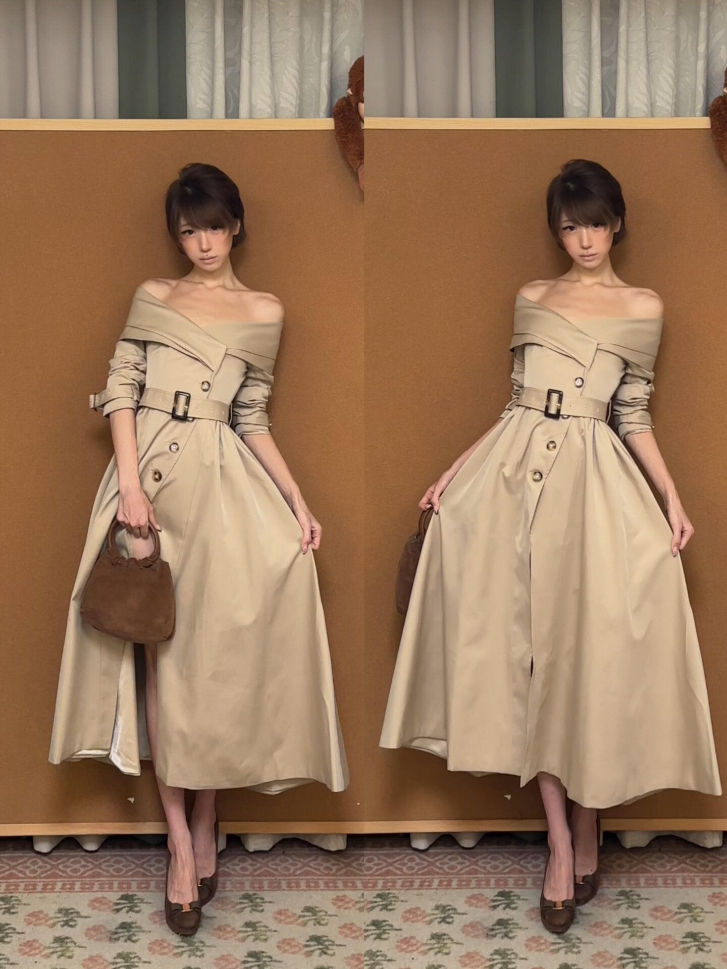 British-Style Off-Shoulder Khaki Trench Coat