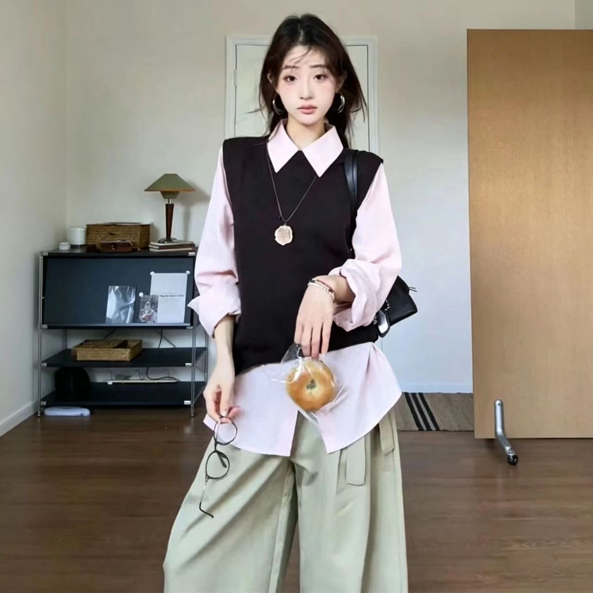 Knit Vest & Pink Long Sleeve Shirt Two-Piece Set