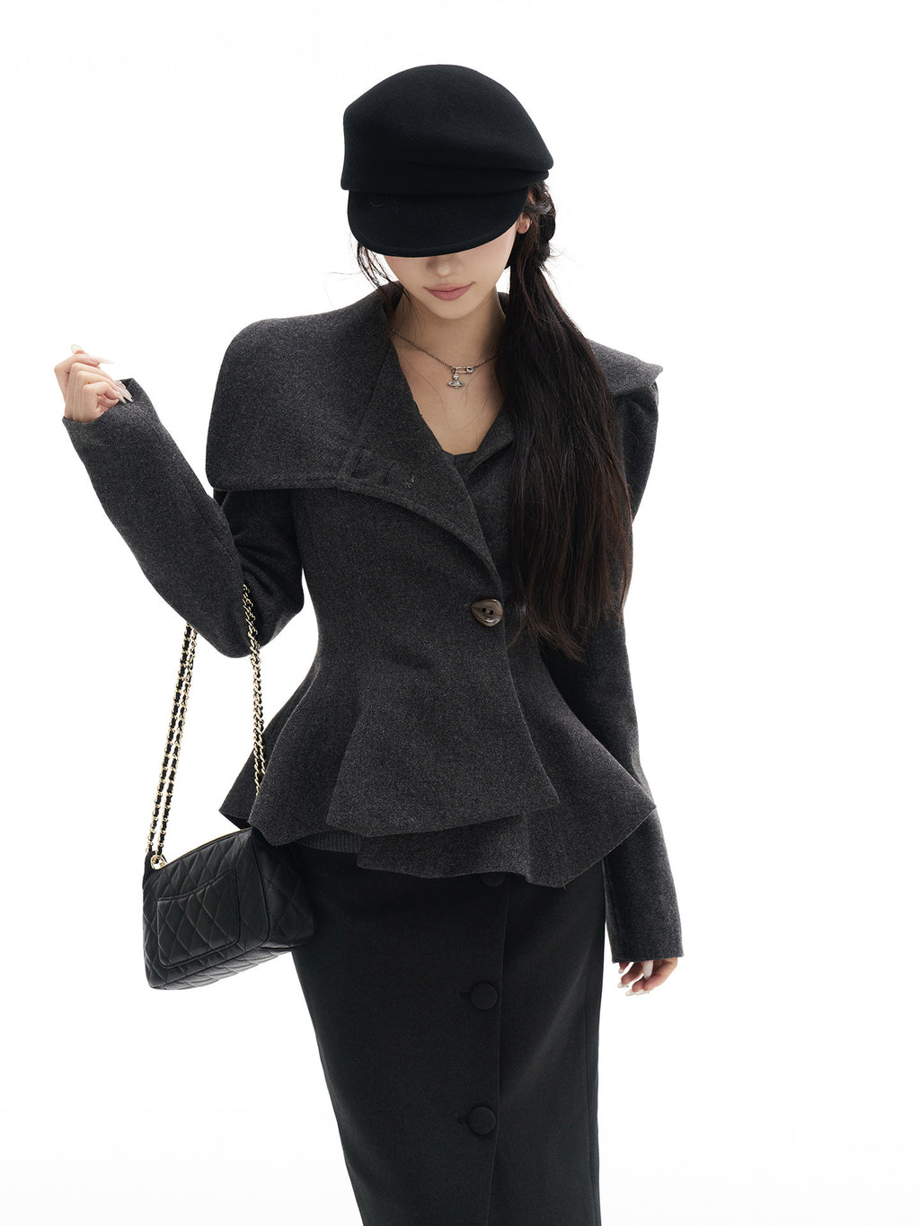 Gray belted short coat with a skirt