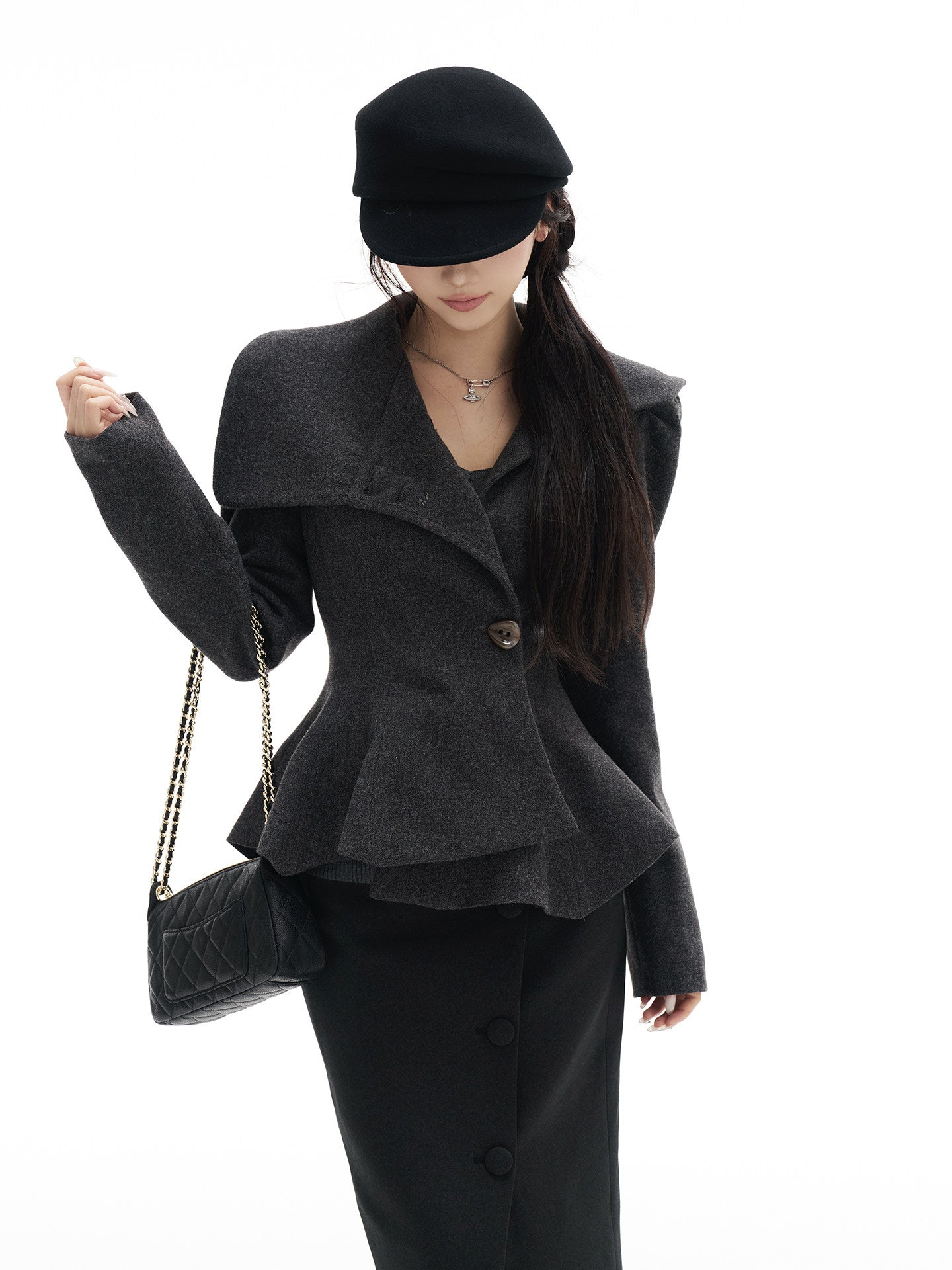 Gray belted short coat with a skirt