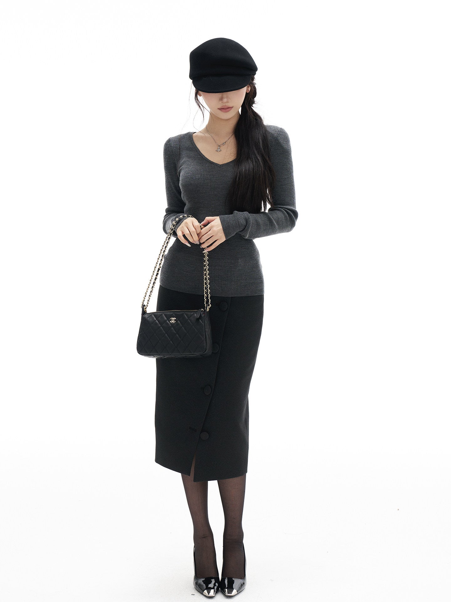 Gray belted short coat with a skirt