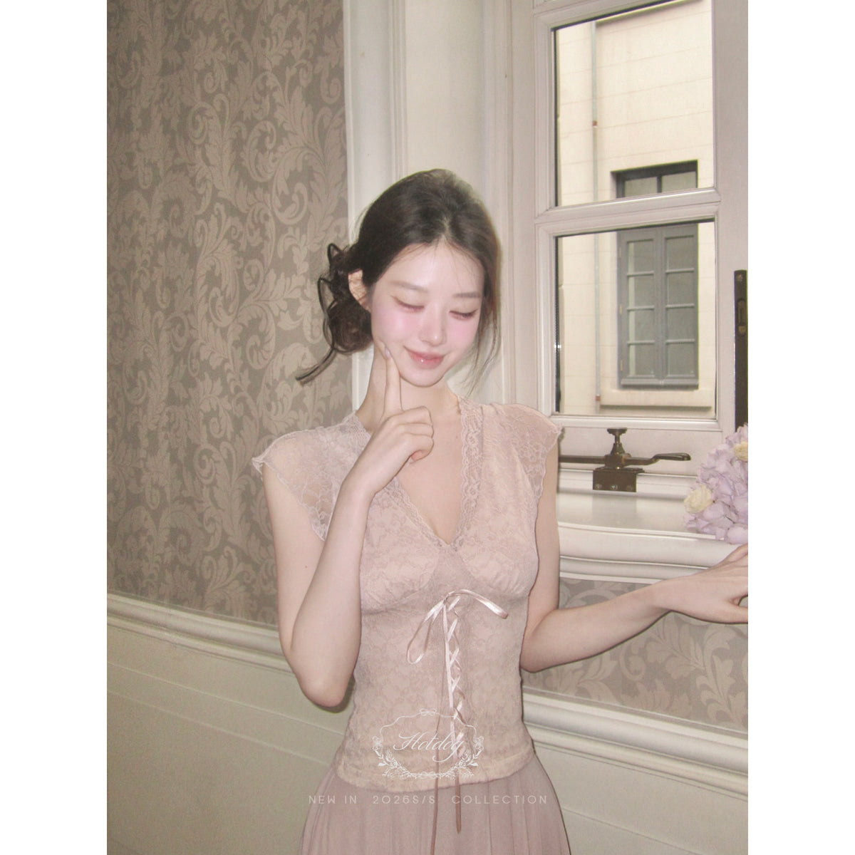 Lace Tie Top / Irregular Hem Skirt Elegant Set