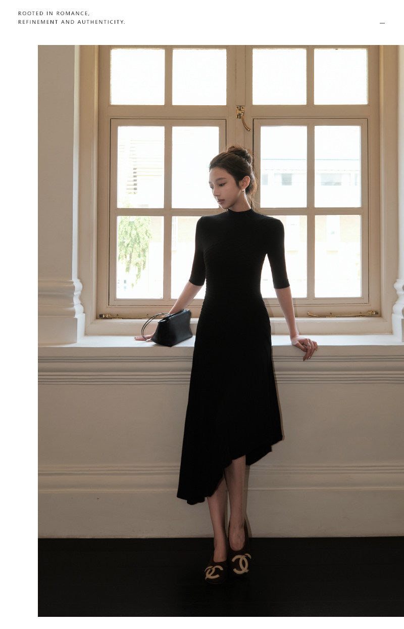 Women's Black Textured Pleated Dress with Stand Collar and Slim Fit