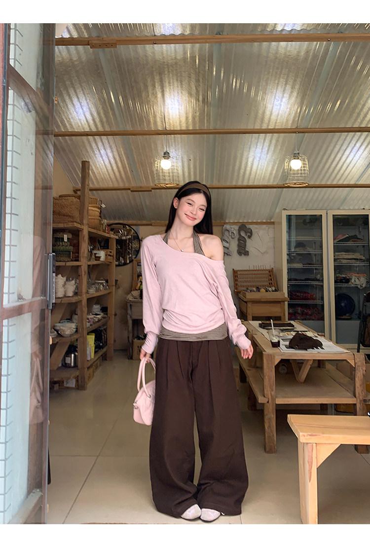 Pink Off-Shoulder Blouse Long Sleeve T-Shirt + Vest Two-Piece Set for Women