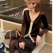 Women's Vintage Lace-Trim V-Neck Long-Sleeve Velvet Top