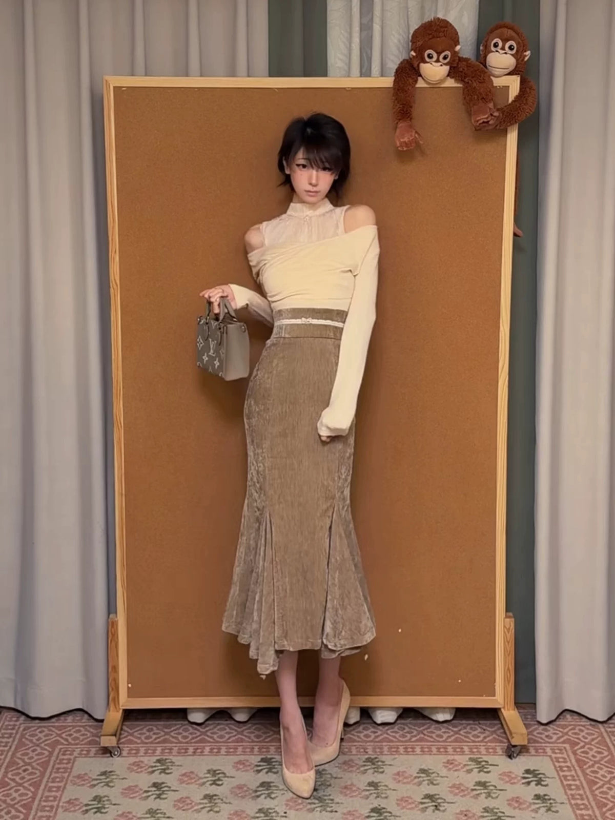 Women's Korean-Style Faux Two-Piece Knit Sweater & Fitted Mermaid Maxi Skirt Set