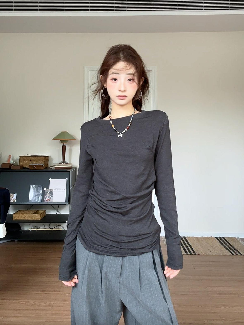 Oversized Long Sleeve Top & Knit Layer 2-Piece Set