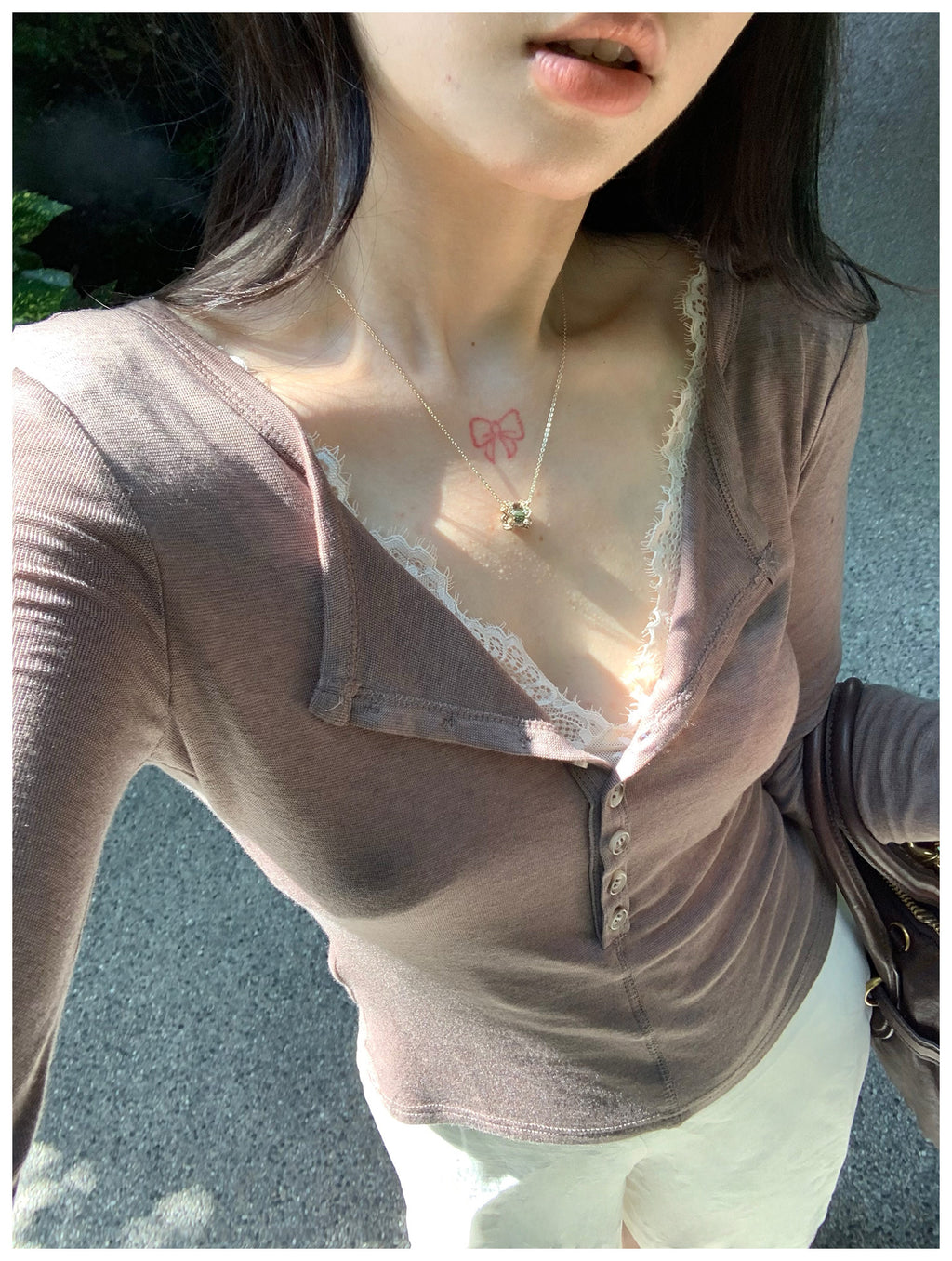 Women's Lace Fake Two-Piece Tencel Wool Long Sleeve Top