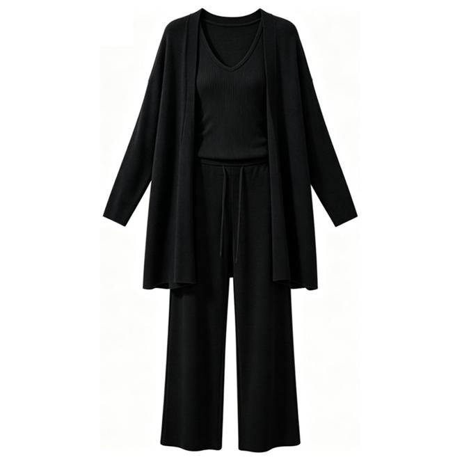 Women's Relaxed Three-Piece Set with Long-Sleeve Cardigan, Tank Top & Wide-Leg Pants