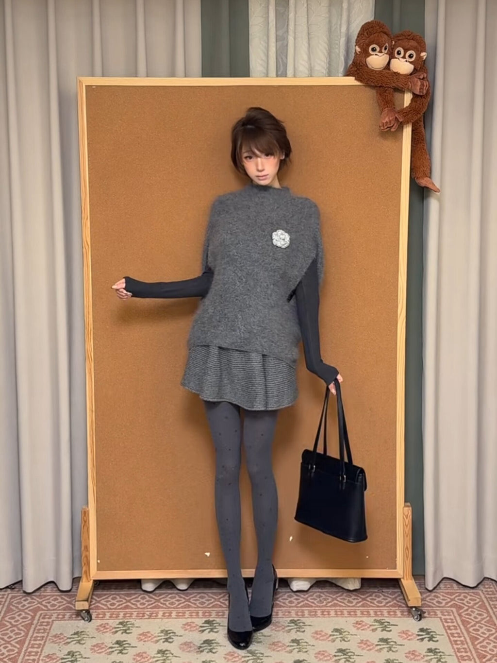 Grey Knit Cape Coat Inner Top & Skirt Three-Piece Set